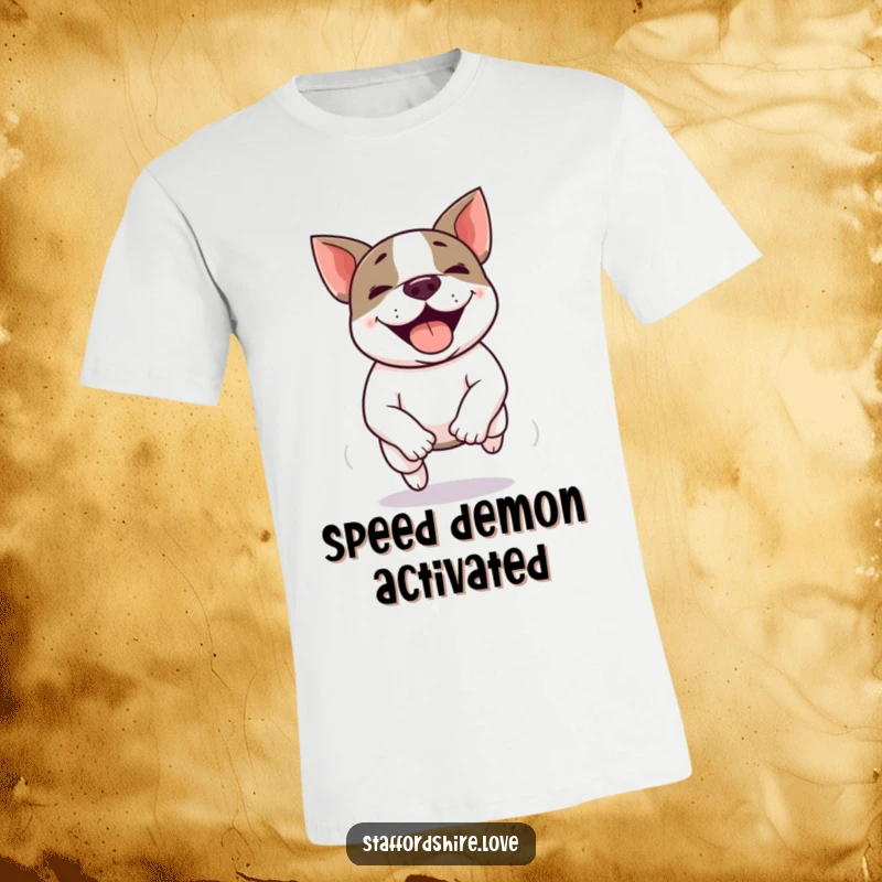 Funny Kawaii Staffordshire Bull Terrier t-shirt capturing a joyful zoomie, with a happy expression and a whirlwind of motion.