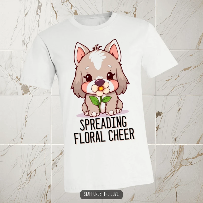 Funny Kawaii Staffordshire T-Shirt, depicting a cute Staffy gently holding a flower in its mouth, ideal for dog lovers who appreciate kindness.