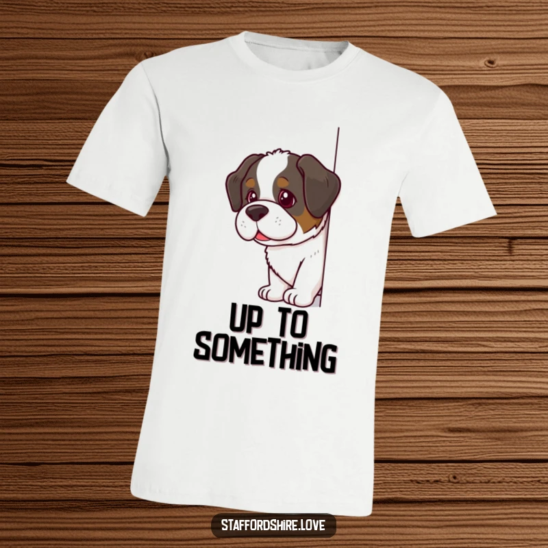 Funny Saint Bernard T-Shirt showing a dog with a mischievous glint peeking around a corner, embodying pure canine mischief.