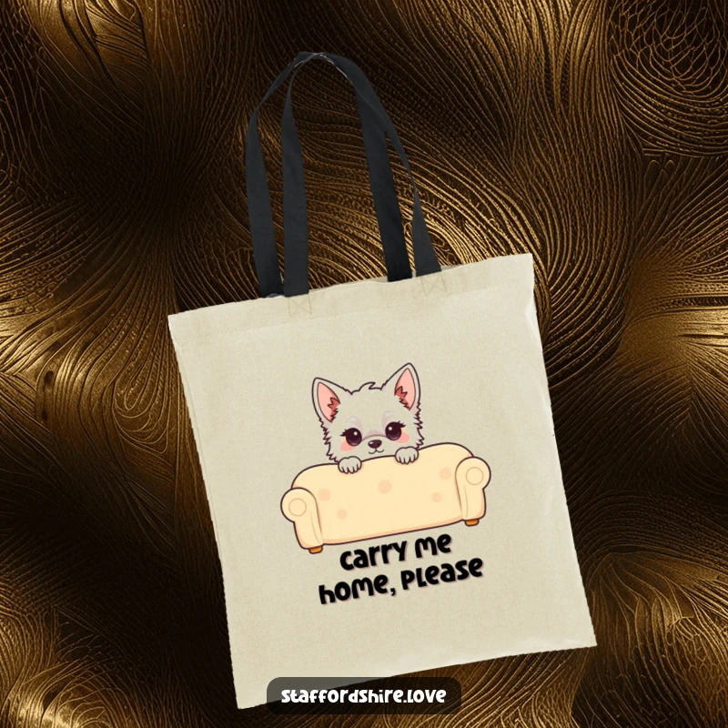 Funny Kawaii Staffordshire Tote Bag, showcasing a cute Staffy peeking over a couch, perfect for everyday use and dog enthusiasts.