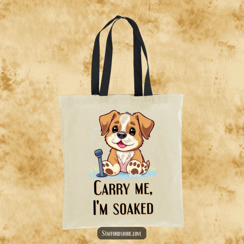 Funny Staffordshire dog with oversized paws playing in a sprinkler on a tote bag. Ideal gift.