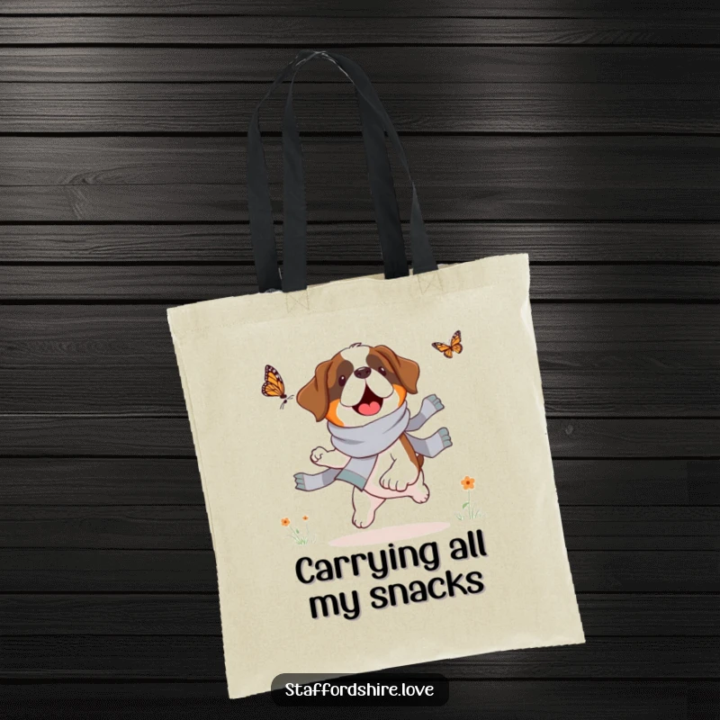 Funny Saint Bernard tote bag, durable canvas, depicting a dog in a scarf chasing a butterfly, practical and humorous.