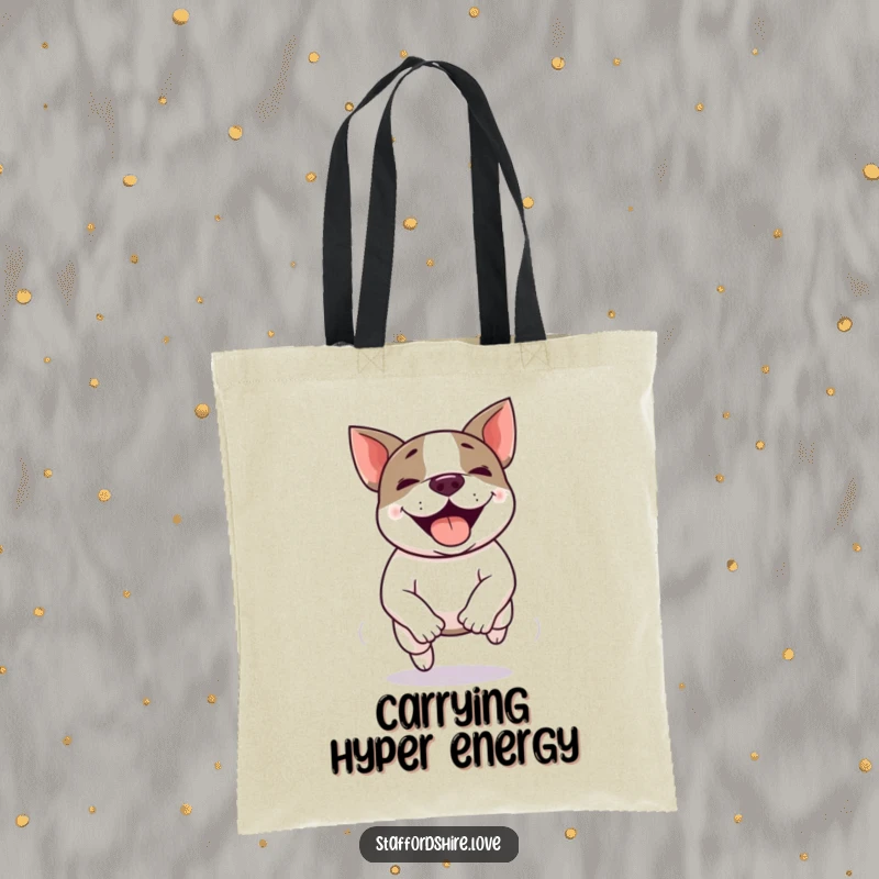 Funny Kawaii Staffordshire Bull Terrier tote bag, in the midst of a happy zoomie, showcasing its speed and joyful spirit.