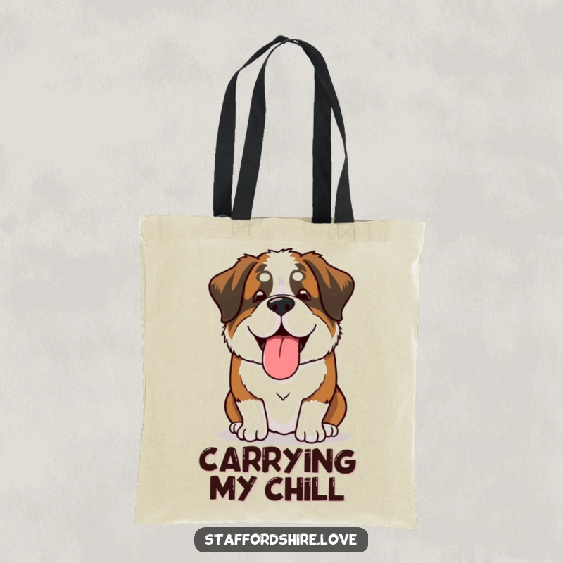 Funny Saint Bernard tote bag depicting a happy, sighing dog with its tongue lolling out, ideal for carrying essentials with humor.