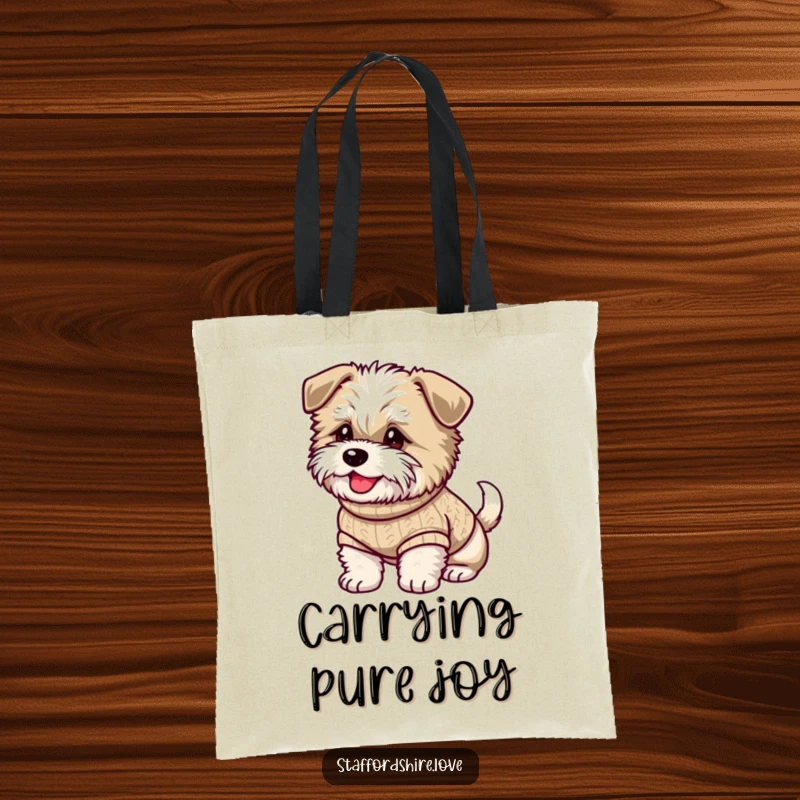 Funny tote bag showing a fluffy Staffordshire dog in a sweater, tail wagging with pure delight, practical and cute.