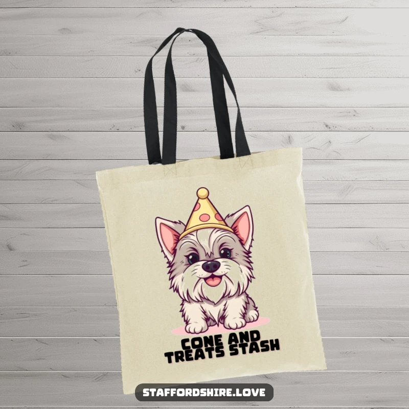 Funny Staffordshire dog with a silly grin wearing a tiny cone hat on a tote bag. Ideal gift.