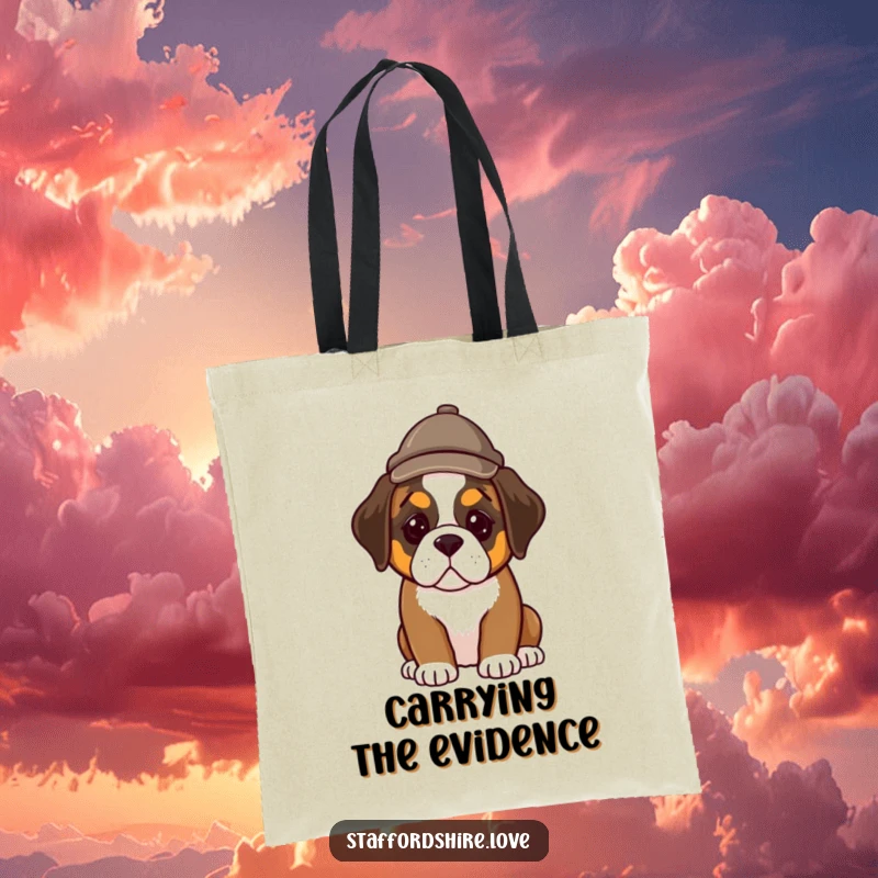 Funny tote bag with a Saint Bernard puppy wearing a tiny detective hat, ready to carry your belongings with adorable sleuthing style.