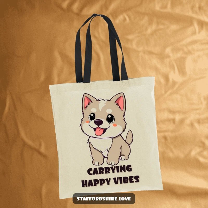 Funny kawaii Staffordshire puppy with a wagging tail, panting happily on a tote bag, for carrying humor and dog joy.