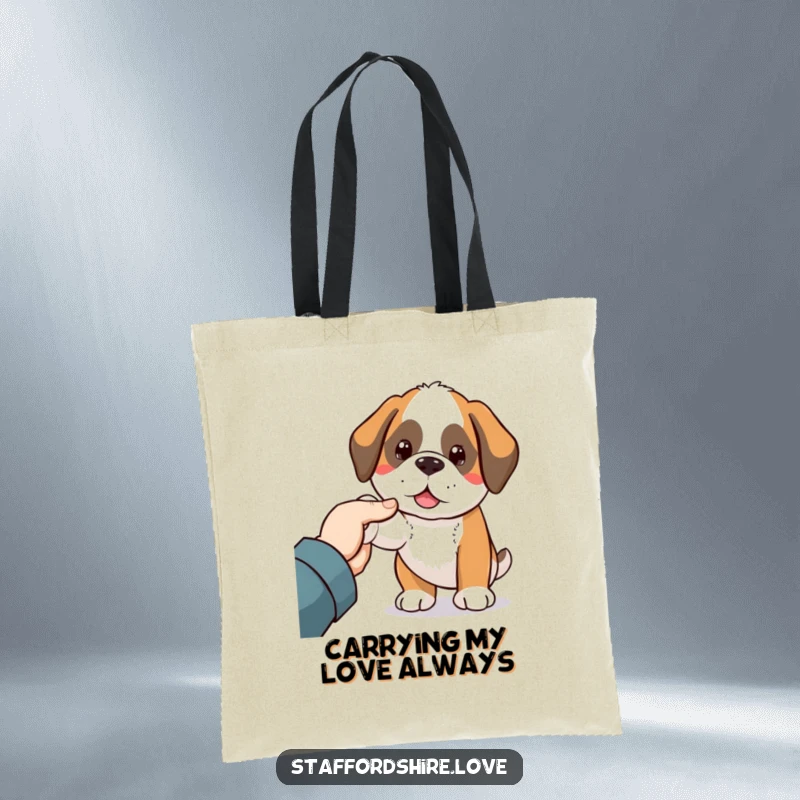Funny Saint Bernard tote bag illustrating a charming Kawaii dog nudging a welcoming hand, great for everyday use.