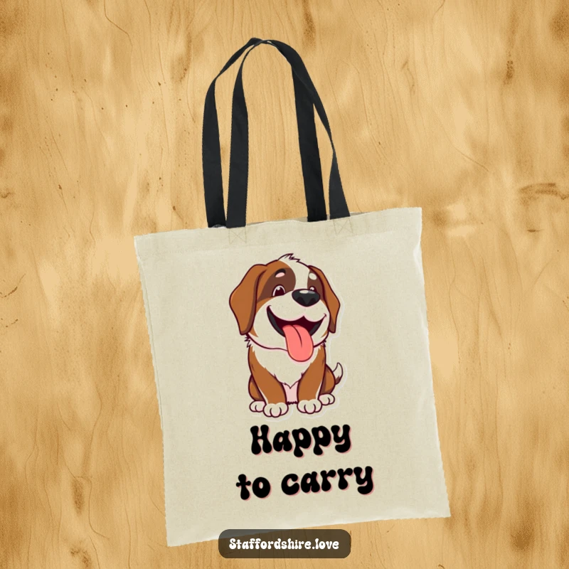Funny Kawaii Saint Bernard tote bag showcasing a happy, panting dog with a wide grin, great for errands and as a funny gift.