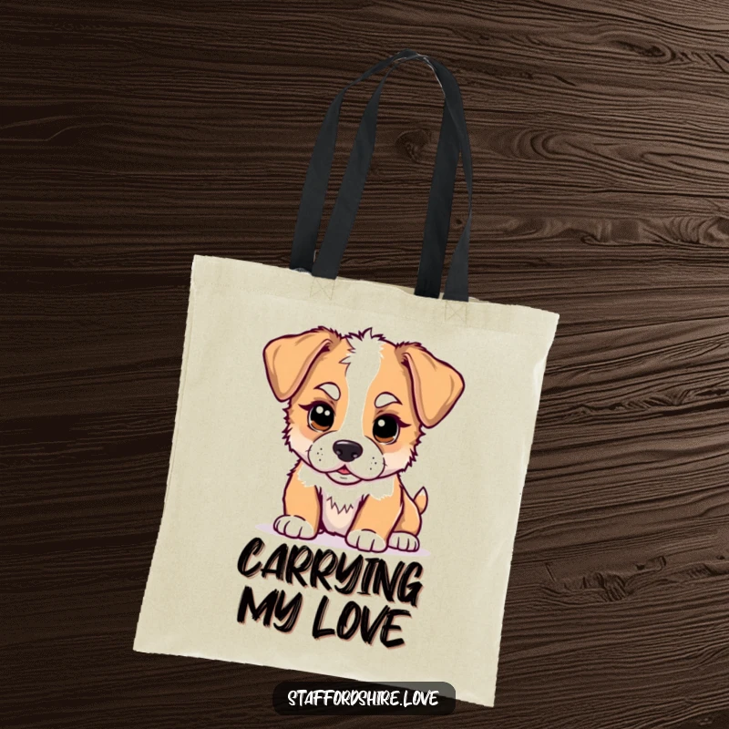 Funny kawaii Staffordshire puppy tote bag, featuring a cute puppy playfully nudging, great for shopping and showcasing canine humor.