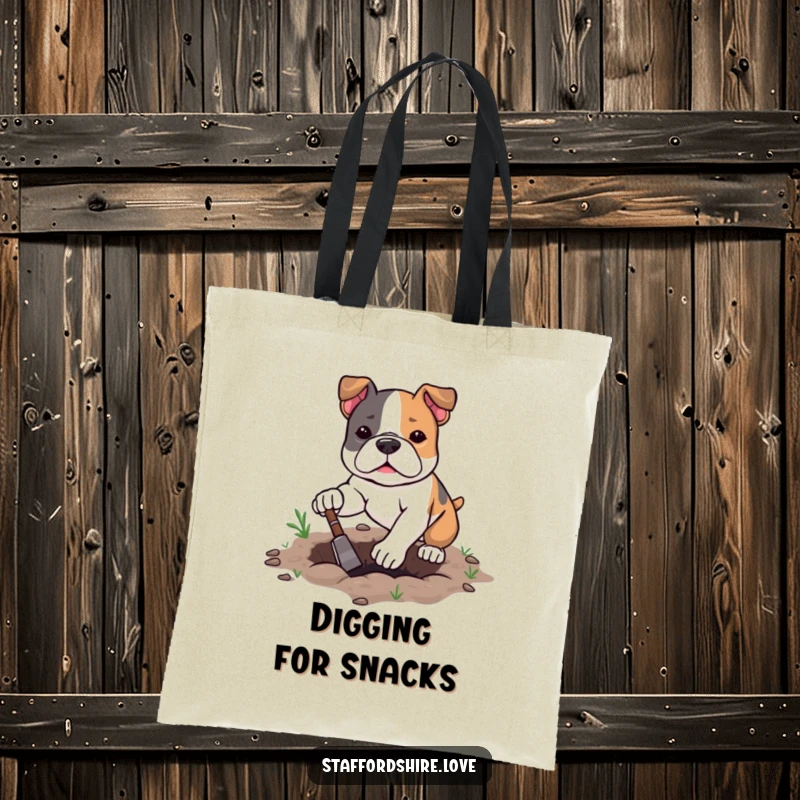 Funny kawaii Staffordshire Bull Terrier tote bag with determined digging, perfect for carrying essentials with a motivated spirit.