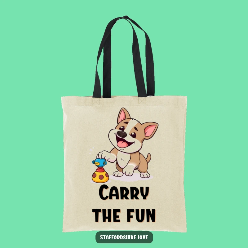 Funny Pounce Staffy Tote Bag: Playful Toy Hunter, Energetic Carry-All, Funny!