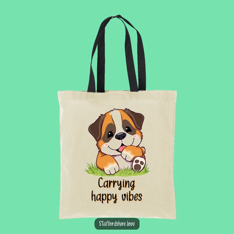 Funny Rolling Dog Tote Bag - Happy Saint Bernard Grass Carryall Gift