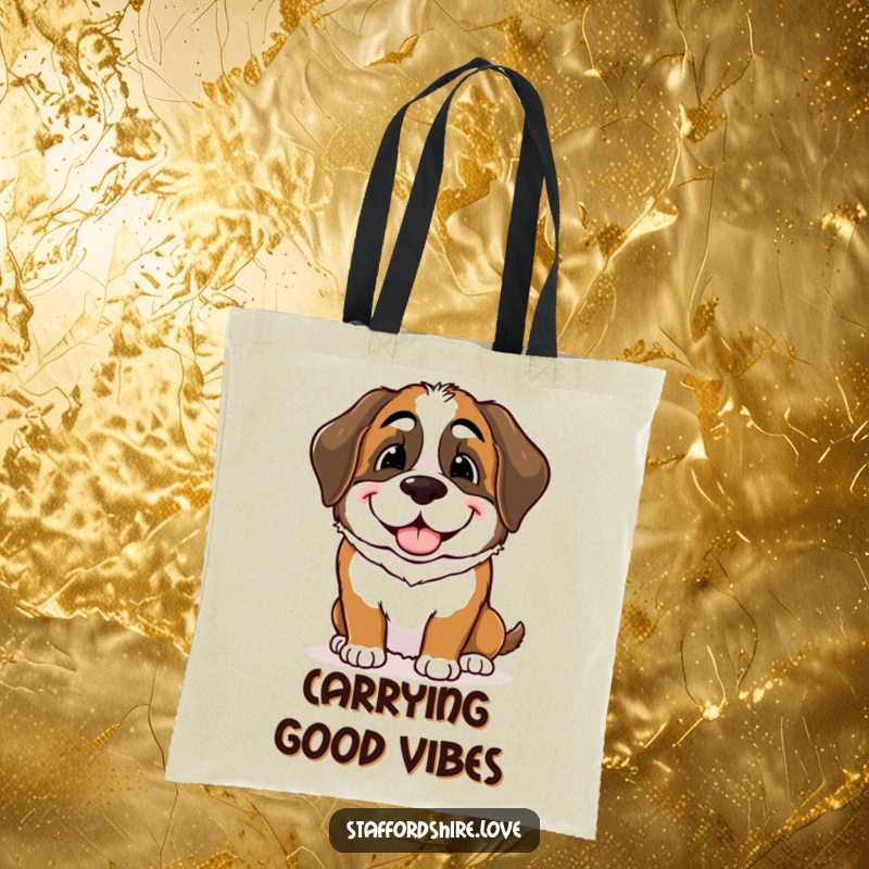 Funny Saint Bernard tote bag illustrating a dog's gentle, playful nudge with a warm smile, a symbol of cherished friendship.