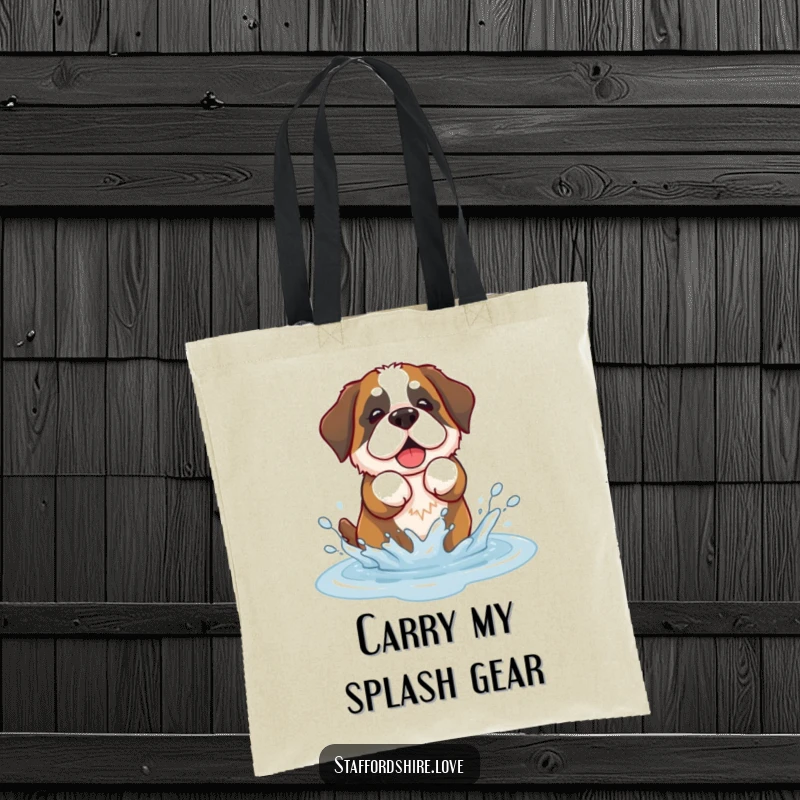 Funny tote bag with a kawaii Saint Bernard dog playfully splashing in a puddle, perfect for daily use.