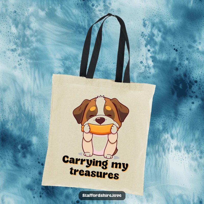 Funny tote bag with a Saint Bernard balancing a squeaky toy on its snout, ideal for dog lovers on the go.