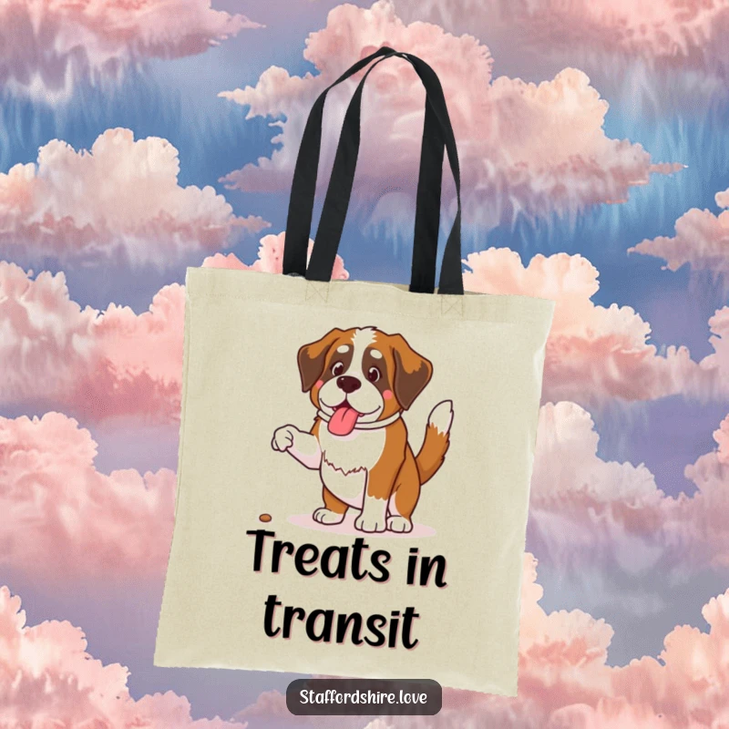 Funny Saint Bernard tote bag illustration of a dog with a wagging tail jumping for a treat, great for pet lovers.
