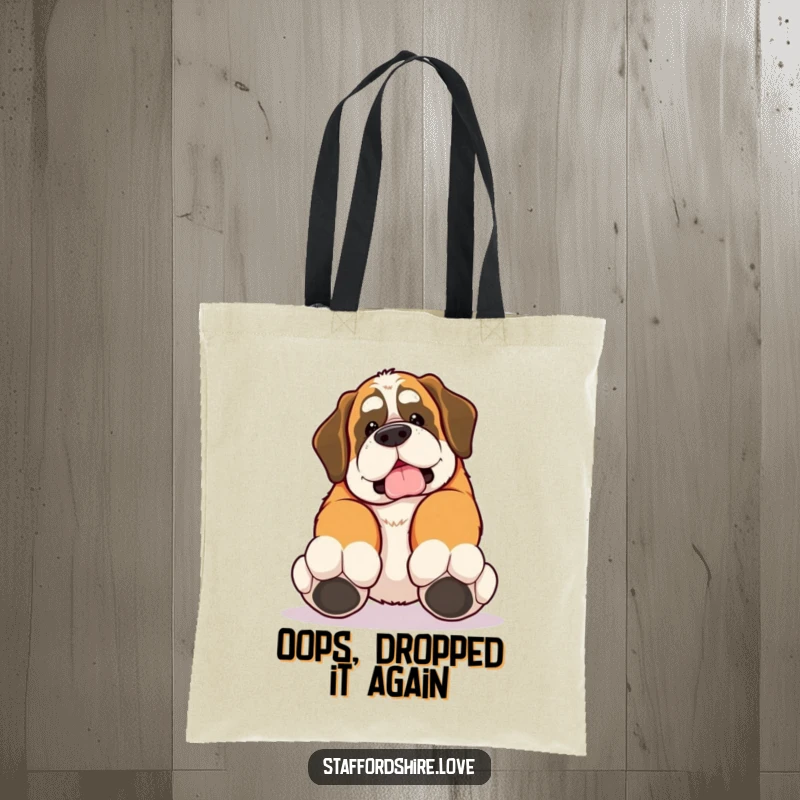 Funny tote bag with a kawaii Saint Bernard tripping over its own large paws, perfect for daily use.