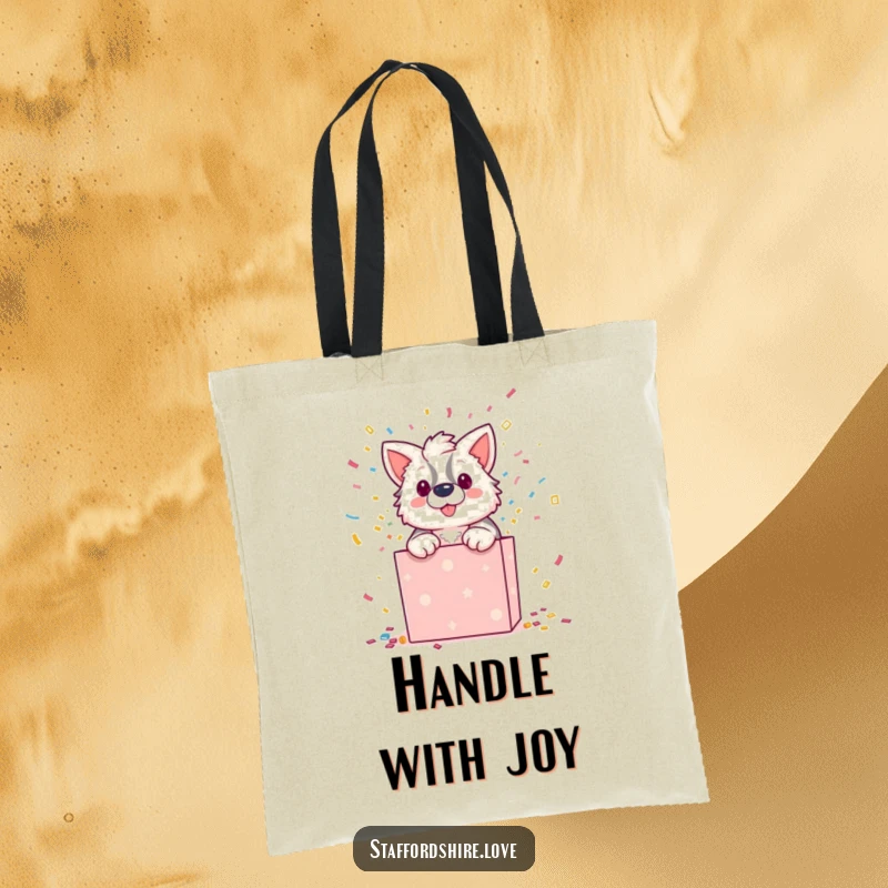 Funny tote bag showing a Staffordshire character dramatically bursting out of a gift box, showering confetti. A humorous accessory.
