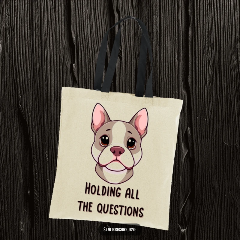 Funny kawaii Staffordshire Bull Terrier tote bag with head cocked curiously, perfect for carrying essentials with doggy charm.