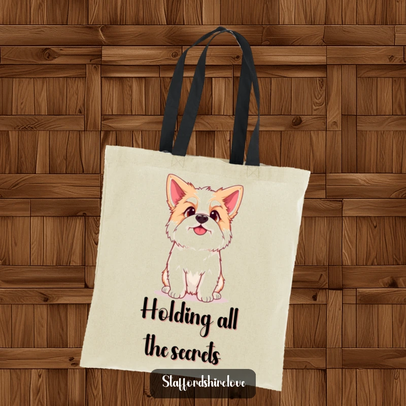 Funny Kawaii Staffordshire Tote Bag, showcasing a cute Staffy with a curious head tilt, perfect for everyday use and dog enthusiasts.