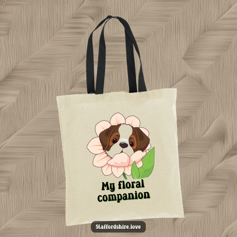 Funny Saint Bernard tote bag with the dog peeking from behind a giant flower, a charming accessory for dog owners.