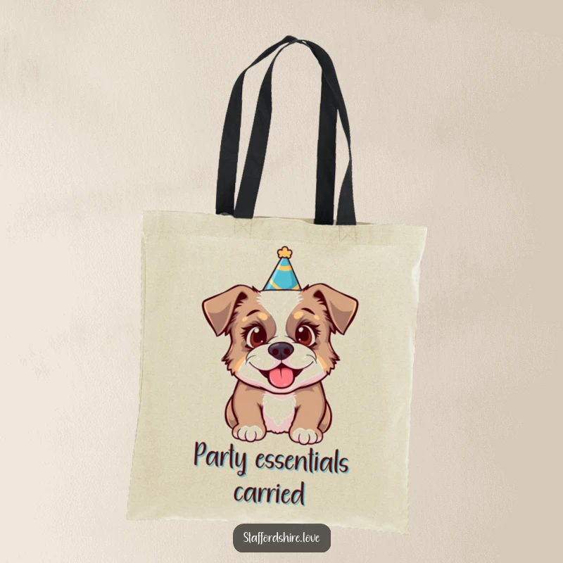 Funny tote bag showing a Staffordshire dog in a party hat, looking excited and ready for fun.