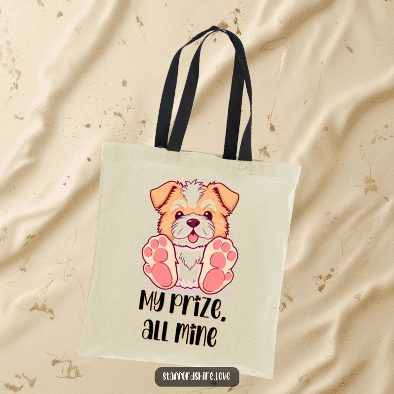 Funny Kawaii Staffordshire tote bag showing a dog with big paws reaching for a toy, ideal for carrying daily items with fun.